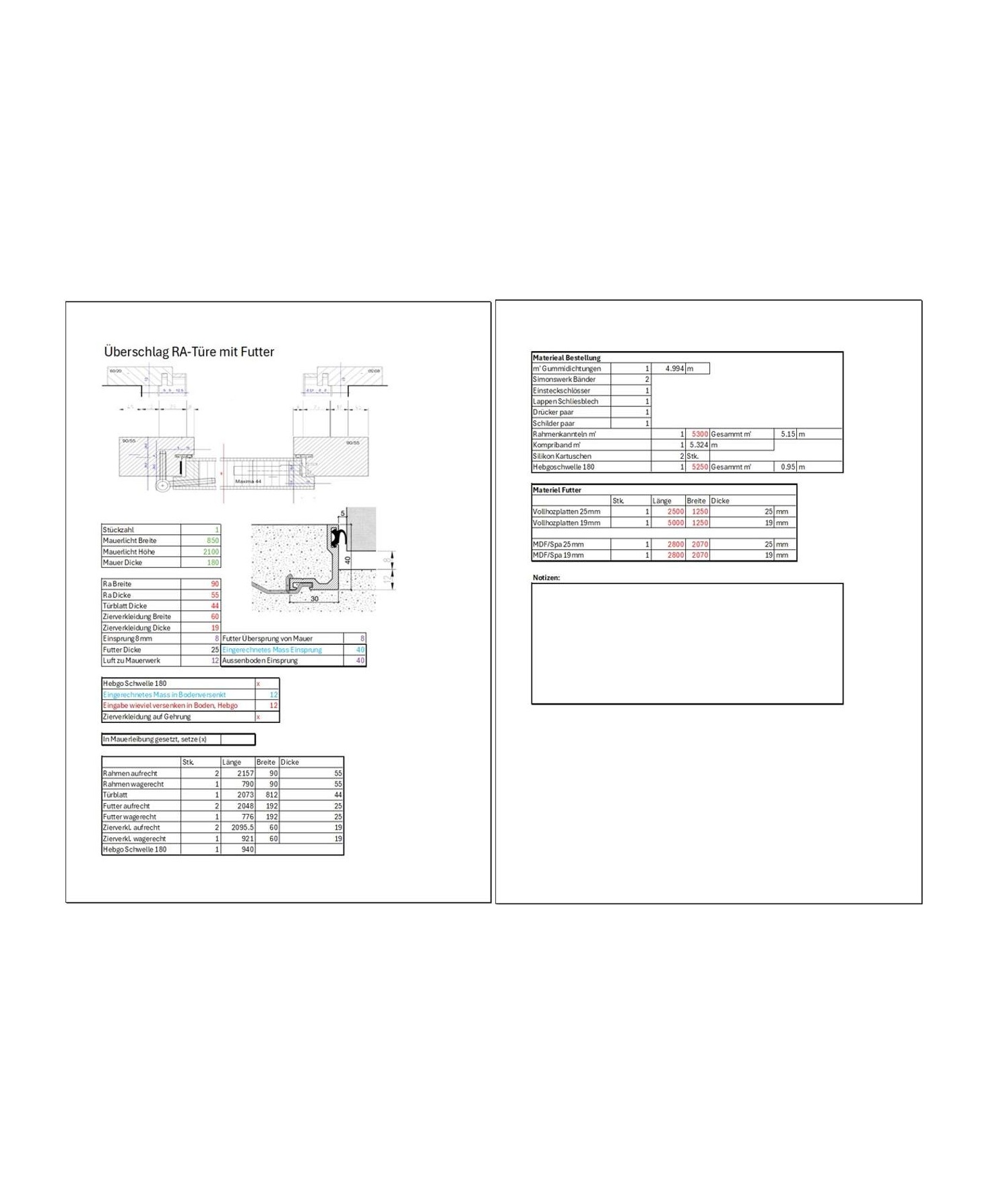 Rahmentüre mit Futter Excel Ansicht