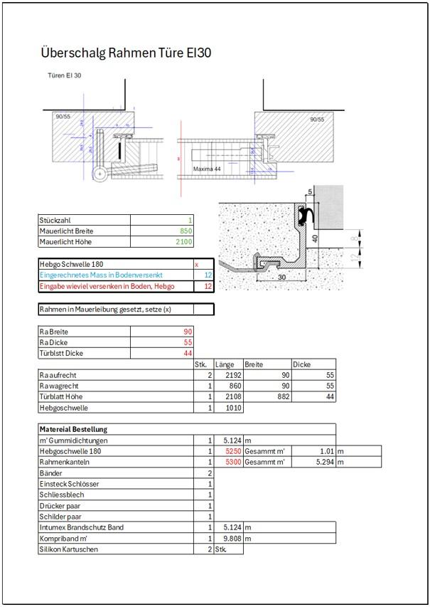 Rahmentüre EI30 Excel Ansicht
