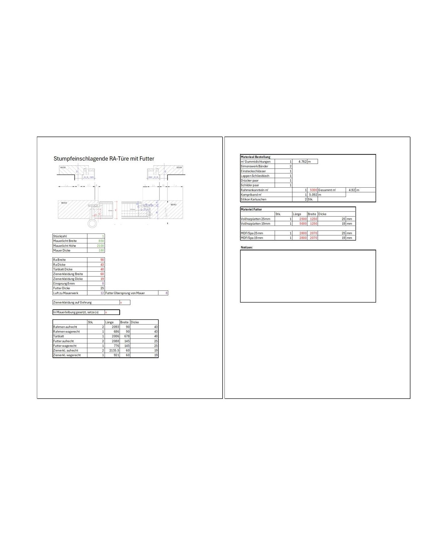 Stumpf mit Futter Excel Ansicht